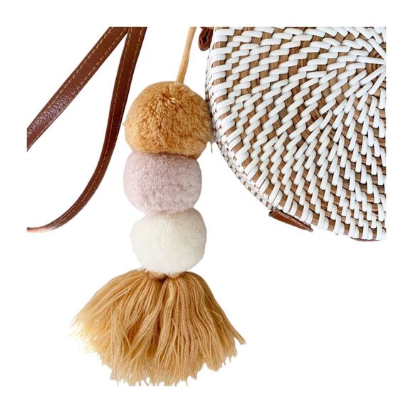 Round White Rattan Crossbody Bag With Triple Pom Charm - Picture 5 of 7